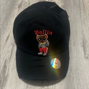 Muka Black Ballin Bear Distressed Strapback Cap Hat NWT